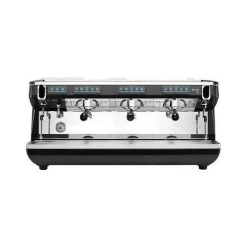 NUOVA SIMONELLI APPIA COMMERCIAL ESPRESSO MACHINE WITH MULTIPLE GROUP HEADS, INTEGRATED CONTROL PANEL, STEAM WANDS, AND DRIP TRAY. STAINLESS STEEL BODY WITH BLACK TRIM AND FACTORY LABELING PRESENT, ACCESSORIES AND COMPONENTS AS SHOWN.