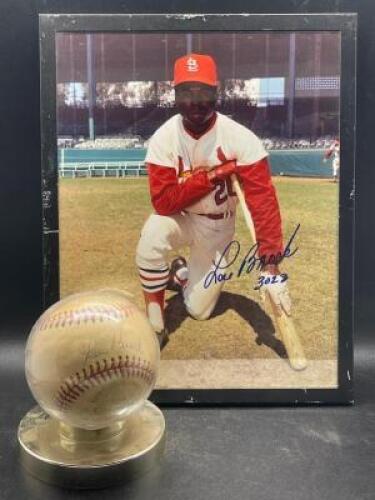 LOU BROCK SIGNED BASEBALL AND SIGNED PHOTO SET
