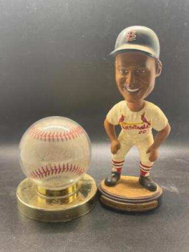 LOU BROCK SIGNED BASEBALL AND BOBBLE HEAD SET