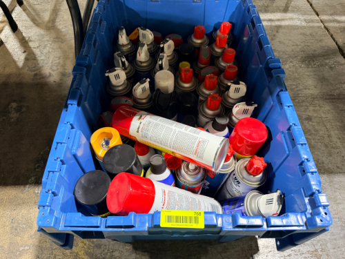 CONTENTS OF (1) BLUE PLASTIC TOTE - ASSORTED PAINTS AND SPRAYS