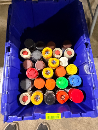 CONTENTS OF (1) BLUE PLASTIC TOTE - ASSORTED PAINTS AND SPRAYS