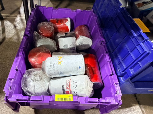CONTENTS OF (1) BLUE PLASTIC TOTE - ASSORTED TRUCK OIL AND AIR FILTERS.