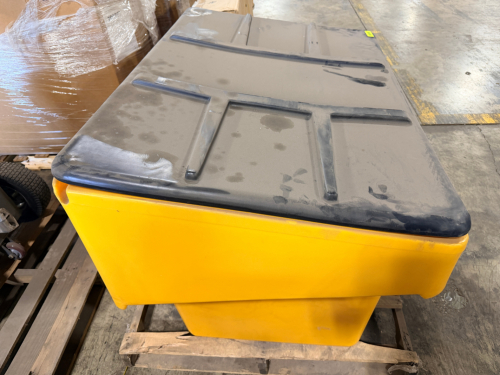 LARGE CAPACITY SALT/SPREADER STORAGE STYLE BIN, INCLUDES LID AND INTERNAL COMPONENTS AS SHOWN,