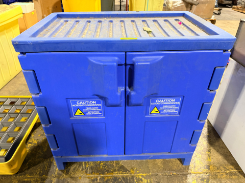 BLUE POLY CHEMICAL STORAGE CABINET WITH INTERNAL SHELVING AND REMOVABLE TRAYS