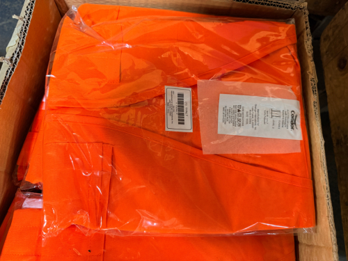 LOT OF HIGH VISIBILITY ORANGE SAFETY VESTS, NEW IN PACKAGE WITH MULTIPLE UNITS INCLUDED