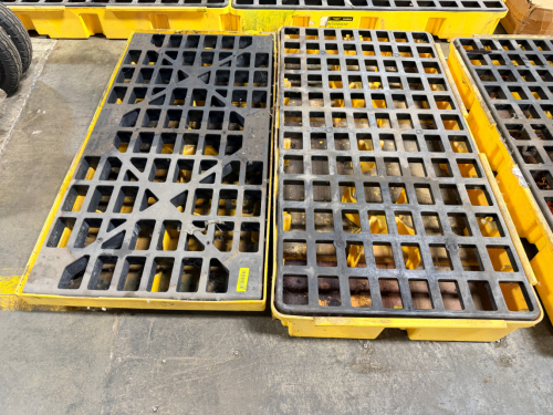 (2) SPILL CONTAINMENT PALLETS WITH REMOVABLE GRATES, YELLOW POLY CONSTRUCTION.