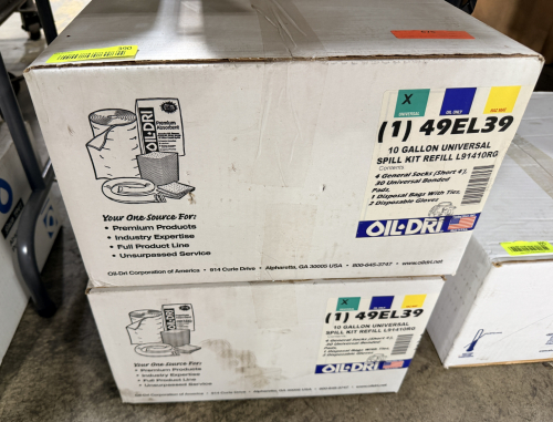 (2) OIL-DRI 10 GALLON UNIVERSAL SPILL KIT REFILL, NEW IN BOX. INCLUDES ABSORBENT SOCKS, PADS, DISPOSAL BAGS, AND GLOVES FOR SPILL CONTROL.