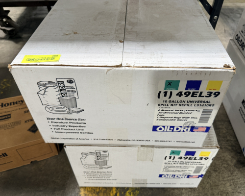 (2) OIL-DRI 10 GALLON UNIVERSAL SPILL KIT REFILL, NEW IN BOX. INCLUDES ABSORBENT SOCKS, PADS, DISPOSAL BAGS, AND GLOVES FOR SPILL CONTROL.