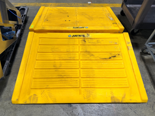 (2) JUSTRITE POLY SPILL CONTAINMENT RAMP / DRUM RAMP. HEAVY-DUTY YELLOW POLY CONSTRUCTION DESIGNED FOR SAFE LOADING OF DRUMS INTO SPILL PALLETS.