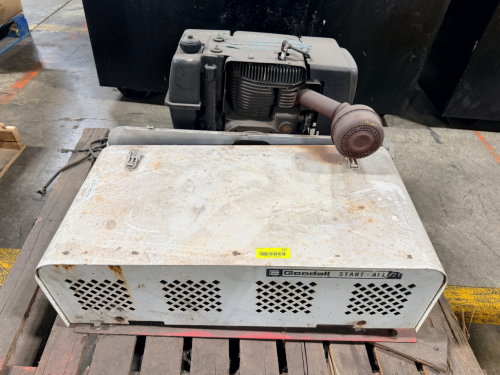 GOODALL START-ALL GENERATOR UNIT WITH ENCLOSED HOUSING AND GAS ENGINE. UNIT FEATURES PORTABLE BASE WITH EXHAUST SYSTEM AND CONTROL COMPONENTS