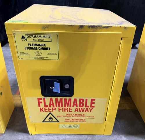 DURHAM MFG FLAMMABLE STORAGE CABINET WITH SINGLE DOOR AND LOCKING HANDLE. UNIT FEATURES STEEL CONSTRUCTION WITH INTERIOR SHELF SUPPORTS AND DUAL VENT PORTS.
