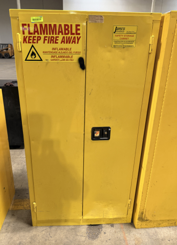 JAMCO FLAMMABLE SAFETY STORAGE CABINET WITH DOUBLE DOORS AND LOCKING HANDLE. UNIT FEATURES STEEL CONSTRUCTION WITH INTERIOR ADJUSTABLE SHELVING AND OSHA COMPLIANCE LABELING.