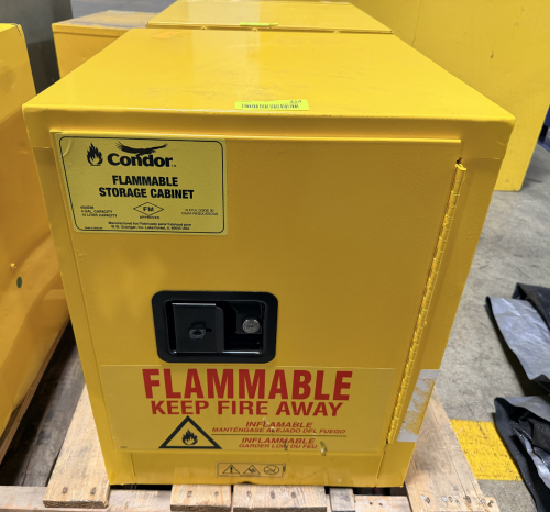 CONDOR FLAMMABLE STORAGE CABINET WITH LOCKING DOOR AND INTERIOR SHELF SUPPORTS.