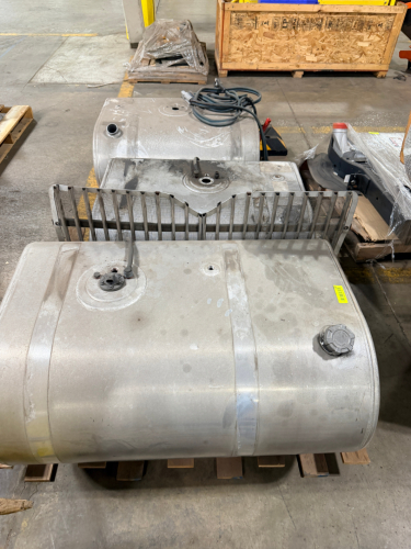 (2) ALUMINUM FUEL TANK ASSEMBLY WITH PROTECTIVE GUARD, INCLUDES MULTIPLE PORTS, CAPS, AND FITTINGS
