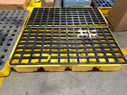 (2) INDUSTRIAL SPILL CONTAINMENT PALLETS WITH REMOVABLE GRATED TOPS, USED FOR DRUM STORAGE AND LEAK/SPILL CONTROL