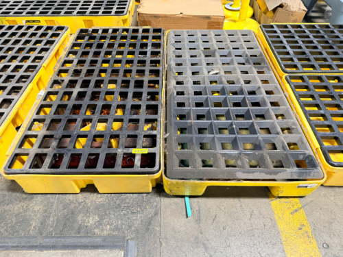 (2) INDUSTRIAL SPILL CONTAINMENT PALLETS WITH REMOVABLE GRATED TOPS, USED FOR DRUM STORAGE AND LEAK/SPILL CONTROL