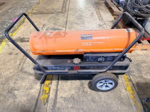 DAYTON PORTABLE OIL-FIRED HEATER, 170,000 BTU OUTPUT, DIESEL/KEROSENE FORCED AIR &ldquo;TORPEDO&rdquo; STYLE, WITH THERMOSTAT CONTROL, WHEELED FRAME.