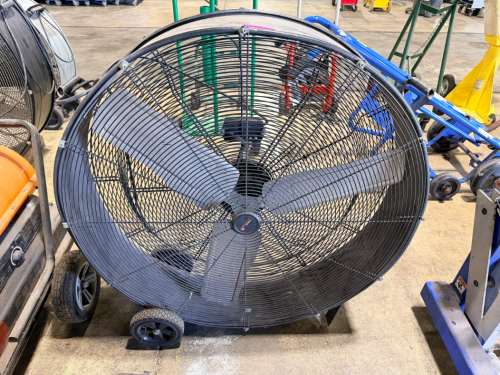 LARGE INDUSTRIAL PORTABLE FLOOR FAN, APPROX. 36" DIAMETER, 2-SPEED WITH ADJUSTABLE TILT, METAL CAGE, WHEELED BASE.