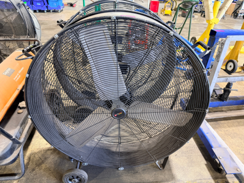 LARGE INDUSTRIAL PORTABLE FLOOR FAN, APPROX. 36" DIAMETER, 2-SPEED WITH ADJUSTABLE TILT, METAL CAGE, WHEELED BASE.