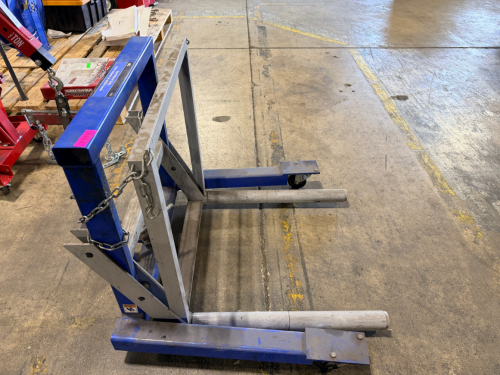 OTC DUAL WHEEL DOLLY, HEAVY-DUTY TRUCK TIRE HANDLING CART WITH MANUAL HYDRAULIC JACK, FOR REMOVAL/INSTALLATION OF DUAL WHEELS. STEEL FRAME WITH CASTERS.