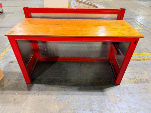 72" RED METAL WORKBENCH WITH WOOD TOP AND DIAMOND PLATE BACK PANEL, HEAVY DUTY FRAME WITH OPEN BASE
