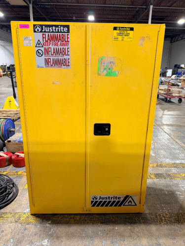 JUSTRITE &ldquo;SURE-GRIP EX&rdquo; FLAMMABLE LIQUID STORAGE CABINET, 45-GALLON CAPACITY, DOUBLE-DOOR, WITH (2) ADJUSTABLE SHELVES.