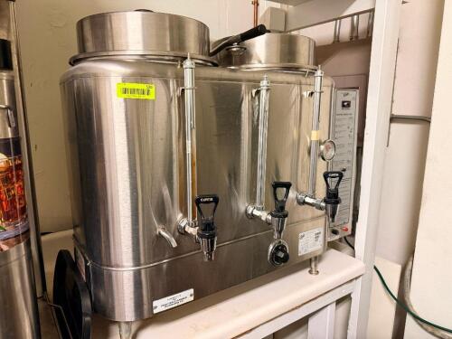 WILBUR CURTIS COMMERCIAL DUAL HEAD COFFEE URN WITH BUILT-IN BREW SYSTEM AND MULTIPLE DISPENSING SPOUTS. INCLUDES LIDS, INTERNAL BASKETS, CONTROL PANEL, AND GAUGE.