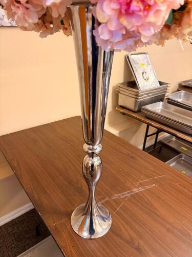 (2) 30" POLISHED STAINLESS FLORAL STANDS W/ PINK FLORAL ARRANGEMENT