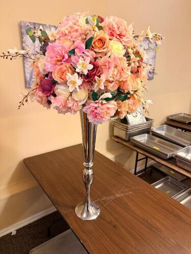 (2) 30" POLISHED STAINLESS FLORAL STANDS W/ PINK FLORAL ARRANGEMENT