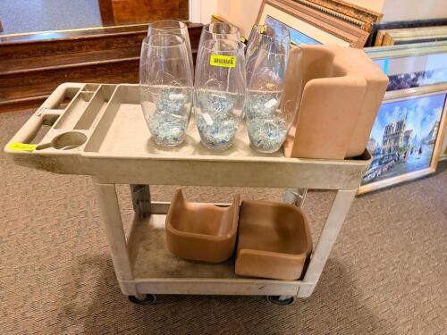 TAN TWO TIER PLASTIC UTILITY CART.