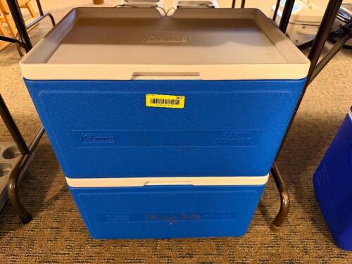 (2) BLUE PLASTIC COOLERS.