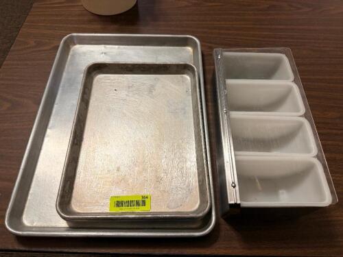 (3) SMALL SHEET PANS AND (1) CONDIMENT BOX