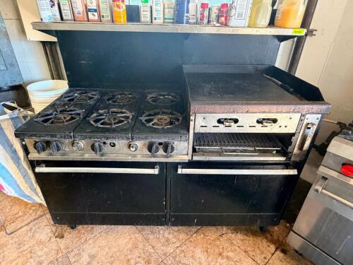 SIX BURNER RANGE W/ 24" GRIDDLE COMBO. LOWER TWO OVENS ARE NOT IN WORKING CONDITION.