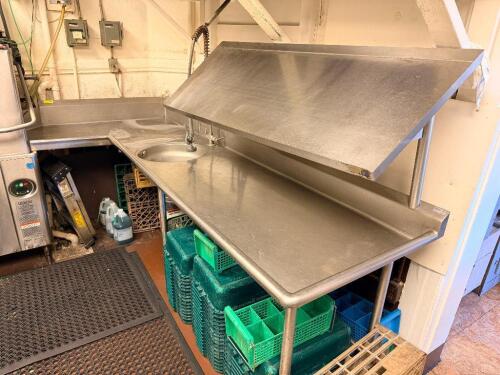 RIGHT SIDE 109" X 30" L SHAPED STAINLESS SOIL TABLE W/ SPRAY SINK AND RISER SHELF.