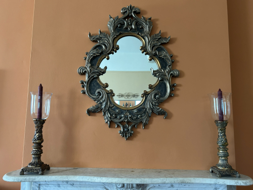 (2) DECORATIVE CANDLE HOLDERS AND (1) MIRROR