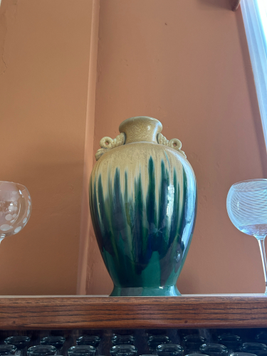 (3) CERAMIC DECOR PIECES AND (2) LARGE EMPTY CHAMPAGNE BOTTLES