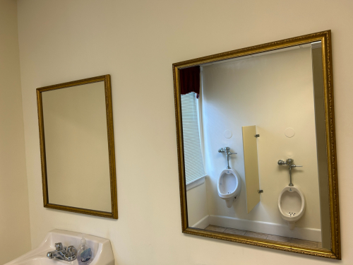 (2) GOLD MIRRORS, WITH RATTAN STYLE STORAGE RACK