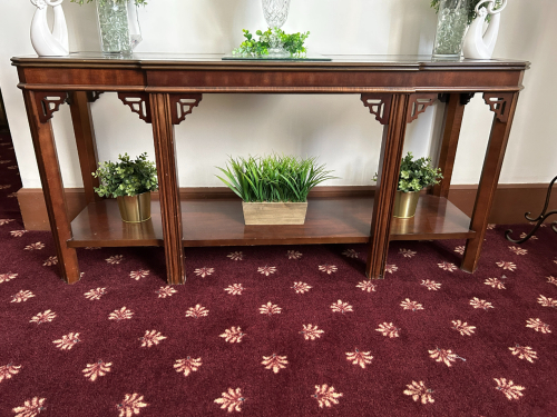 WOODEN CONSOLE TABLE WITH GLASS TOP