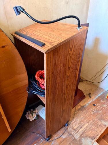 LAMINATE WOOD PODIUM WITH MIC STAND.