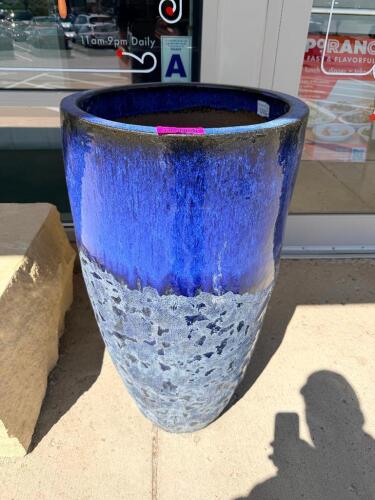 (2) 36" TALL BLUE CERAMIC PLANTER VASES.