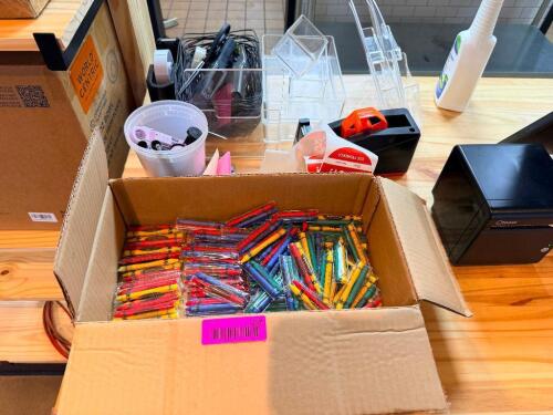(1) LOT OF OFFICE SUPPLIES AND CRAYONS.