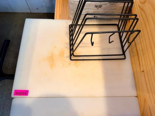 (2) 24" X 18" WHITE PLASTIC CUTTING BOARDS W/ RACK