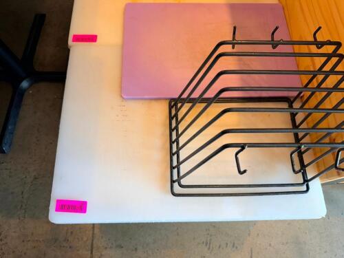 (2) 24" X 18" WHITE PLASTIC CUTTING BOARDS W/ RACK