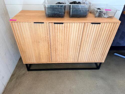 60"L MODERN 3-DOOR WOOD SIDEBOARD / CREDENZA WITH SLIDING DOORS AND METAL BASE