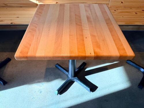 24" X 24" HARDWOOD BUTCHER BLOCK STYLE TABLE W/ METAL BASE.