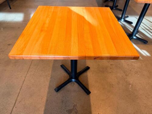 30" X 30" HARDWOOD BUTCHER BLOCK STYLE TABLE W/ METAL BASE.