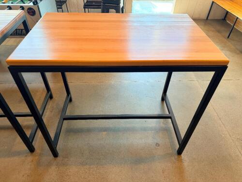 48" X 30" HARDWOOD BUTCHER BLOCK STYLE PUB TABLE W/ METAL BASE.
