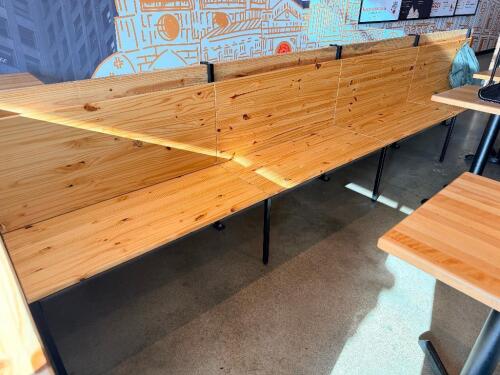 15' x 40" CONTINUOUS WALL-MOUNT WOOD BENCH SEATING RUN WITH METAL SUPPORT LEGS AND WOOD BACK PANELS