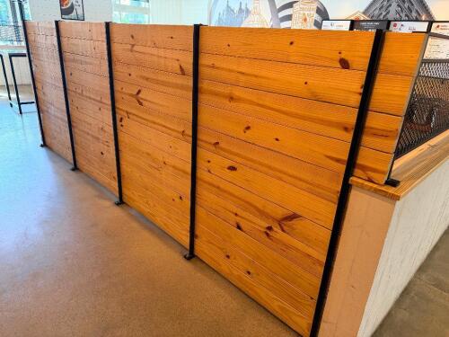 15' X 60" SECTION OF FREESTANDING WOOD AND METAL PARTITION WALL PANELS WITH SOLID WOOD SLATS AND POWDER-COATED STEEL FRAME