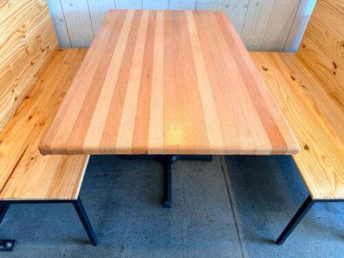 48" X 30" HARDWOOD BUTCHER BLOCK STYLE TABLE W/ METAL BASE.